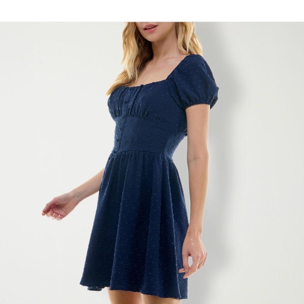 City Triangles Navy Swiss Dot Puff Sleeve Mini Dress Size 15 Milkmaid Fairycore